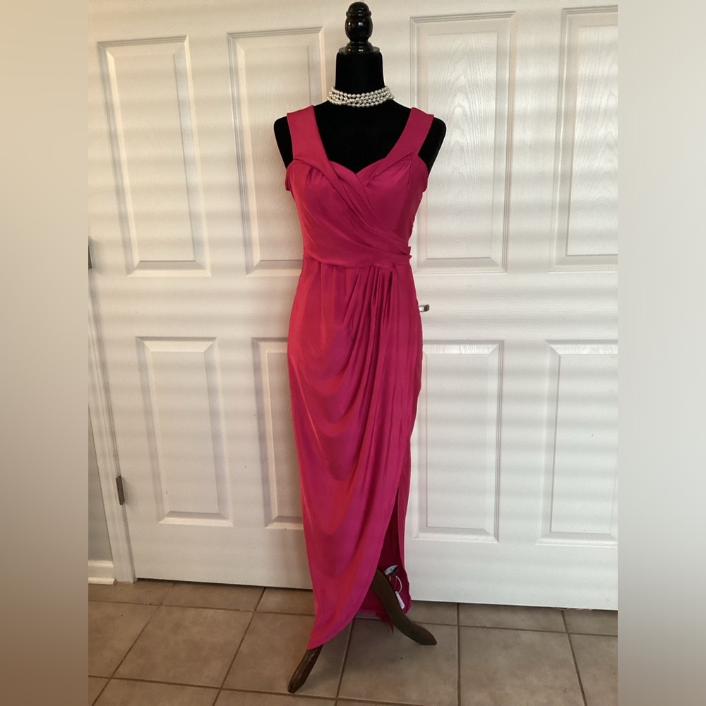 FUSHIA NWT Stretchy Prom Gown with Faux Wrap around Skirt Slit up Rig…